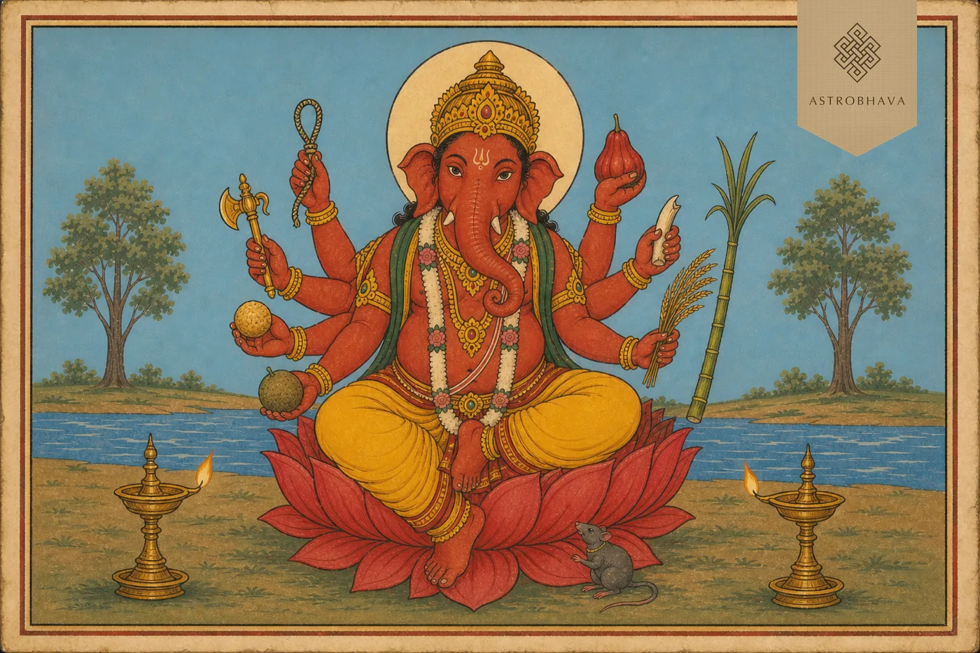 Vintage Indian devotional illustration of youthful eight-armed red Taruna Ganapathi with fruit, paddy, sugarcane, noose and tusk
