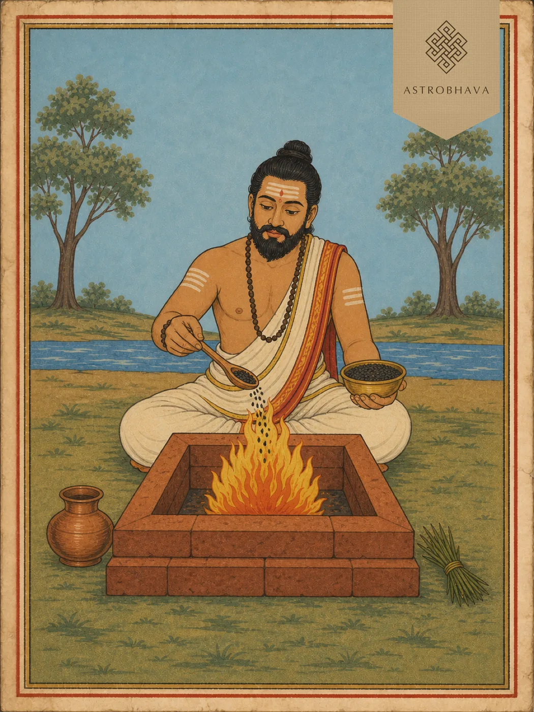 Thila Homam for dosha relief: a Vedic priest offering black sesame seeds into the sacred fire