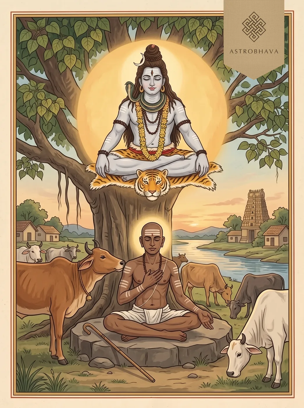 Thirumanthiram Anbe Sivam: Tirumular meditating under a peepal by the Kaveri among cows, as Shiva in tiger skin appears above