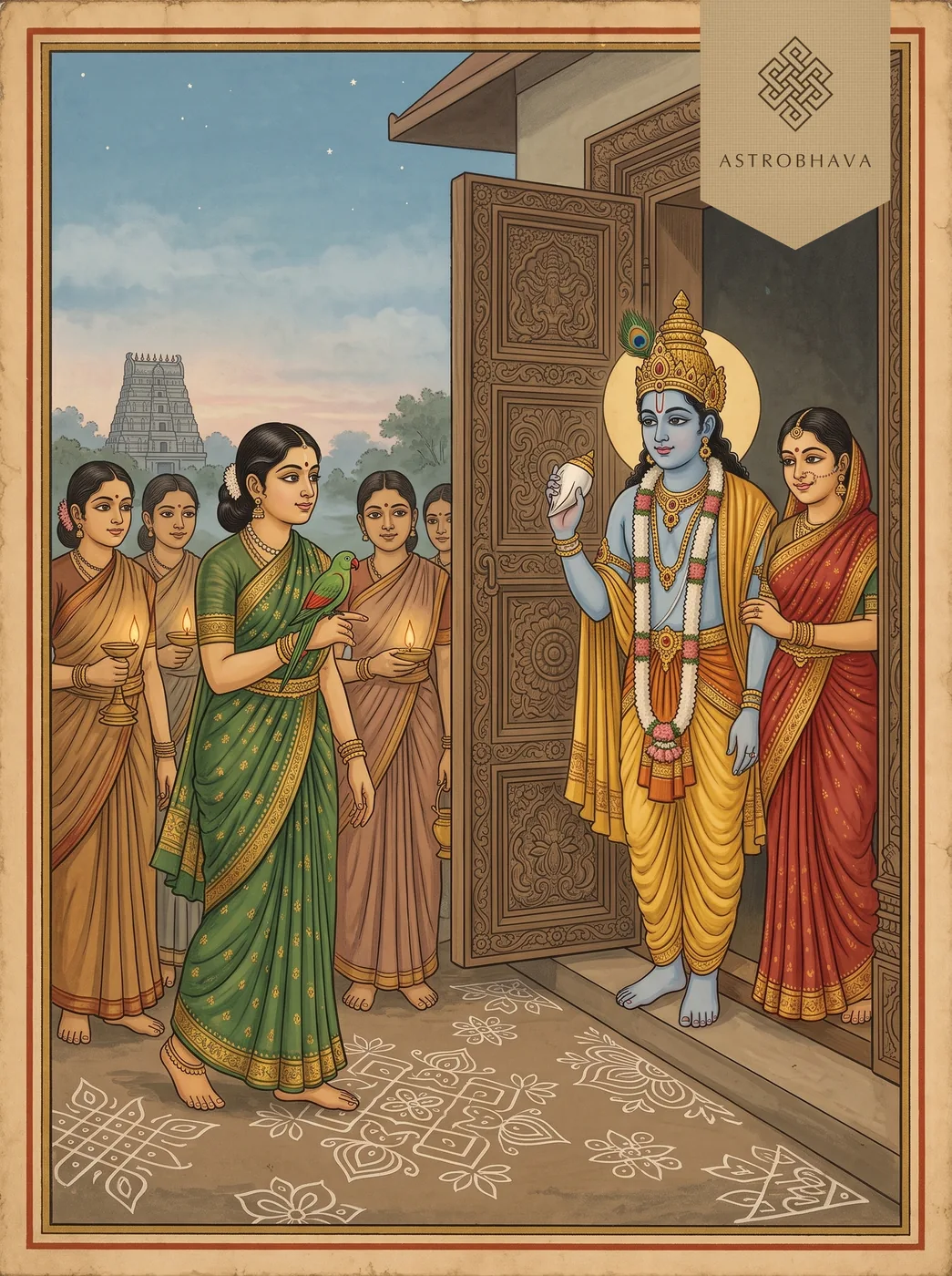 Thiruppavai: Andal with her parrot and cowherd girls at Nandagopa's door at dawn as Krishna appears