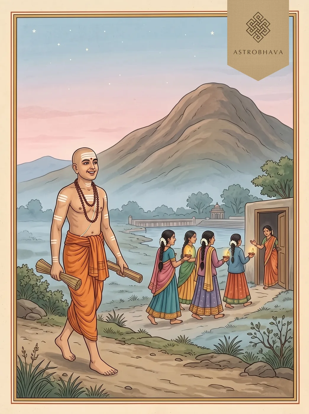 Thiruvempavai: Manikkavasagar on the path round Arunachala before dawn as village girls go with lamps to bathe in Margazhi
