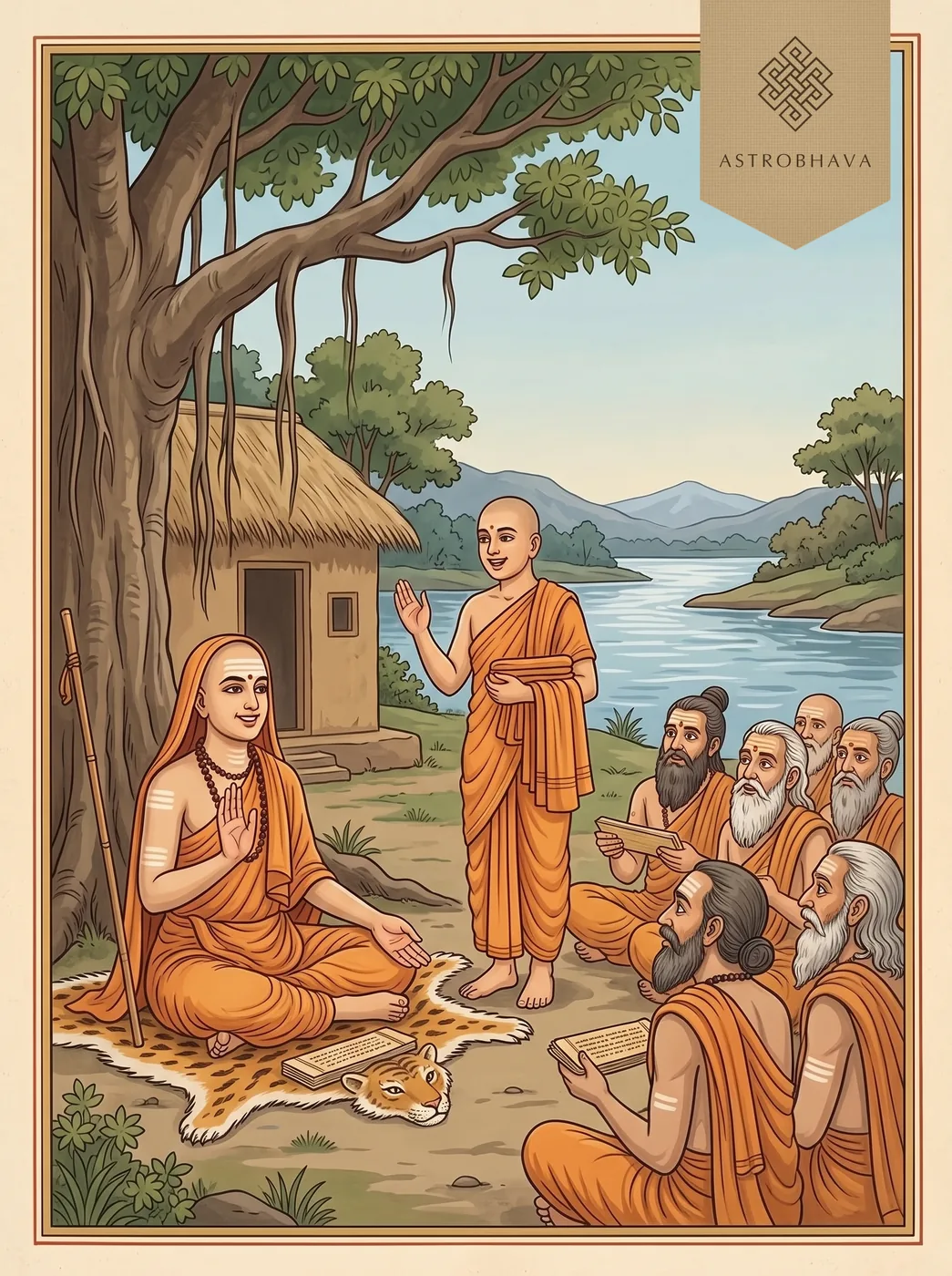 Totakashtakam: Giri singing his eight verses before Adi Shankaracharya at Sringeri as the other disciples look on astonished