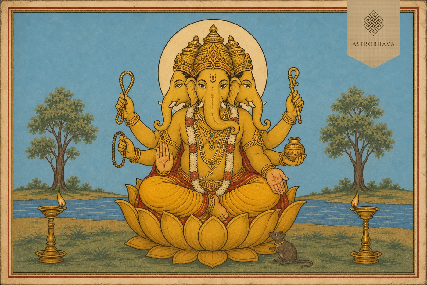 Vintage Indian devotional illustration of golden three-faced six-armed Trimukha Ganapathi with noose, goad, rosary, nectar pot and blessing gestures