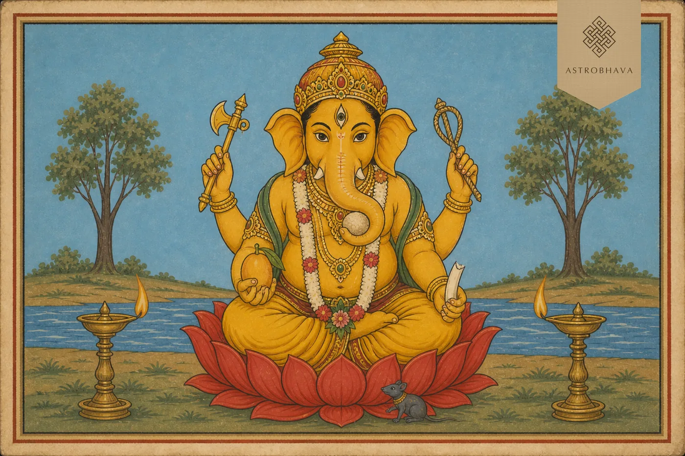Vintage Indian devotional illustration of three-eyed golden Tryakshara Ganapathi with noose, goad, mango, tusk and trunk-held modaka
