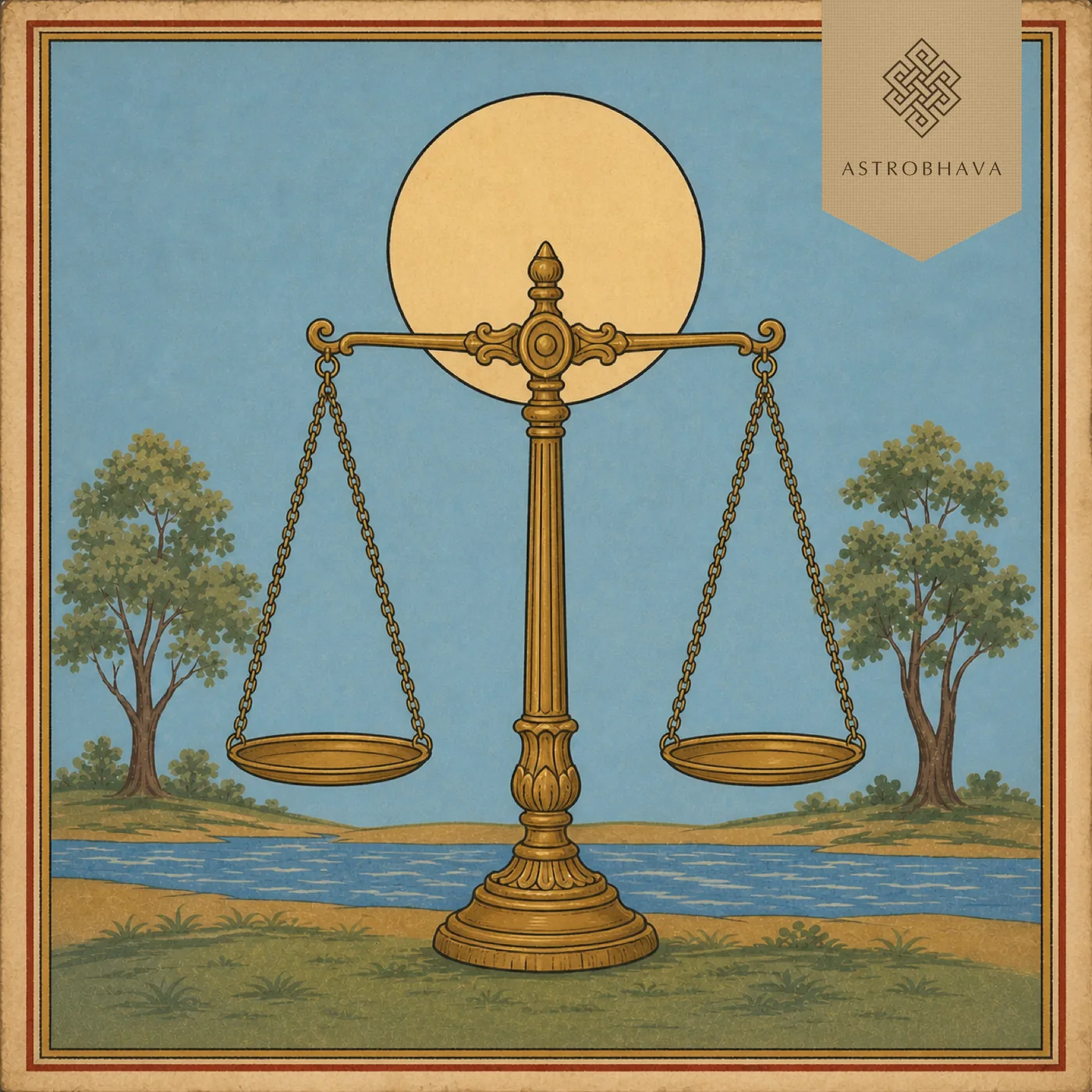 Vintage Indian devotional-calendar illustration of the Tula Libra brass balance scales beside a river in a coordinated Vedic zodiac series