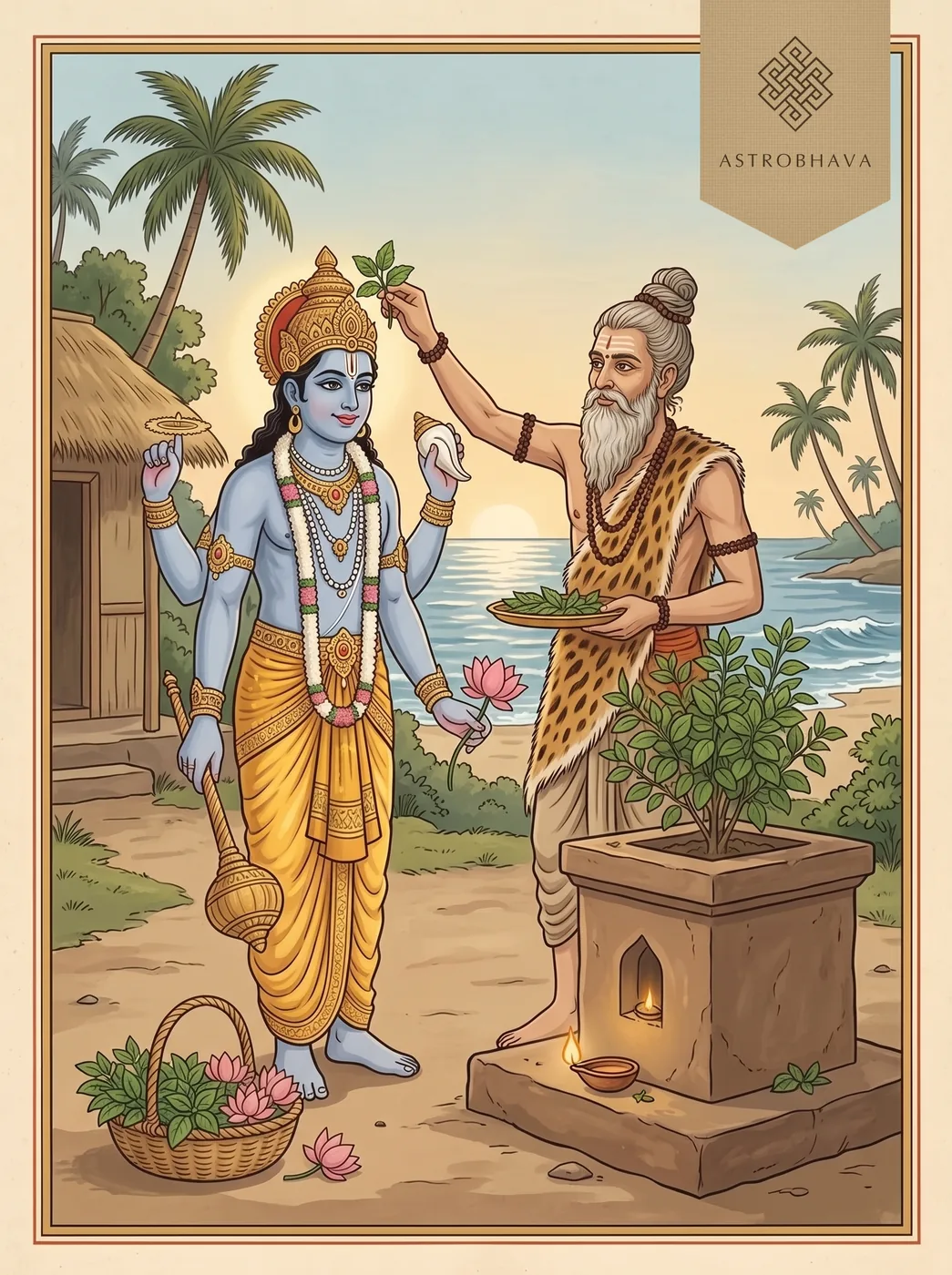 Tulsi Mantra: the sage Pundarika placing a sprig of holy basil on four-armed Vishnu's head beside the Tulsi plant at dawn
