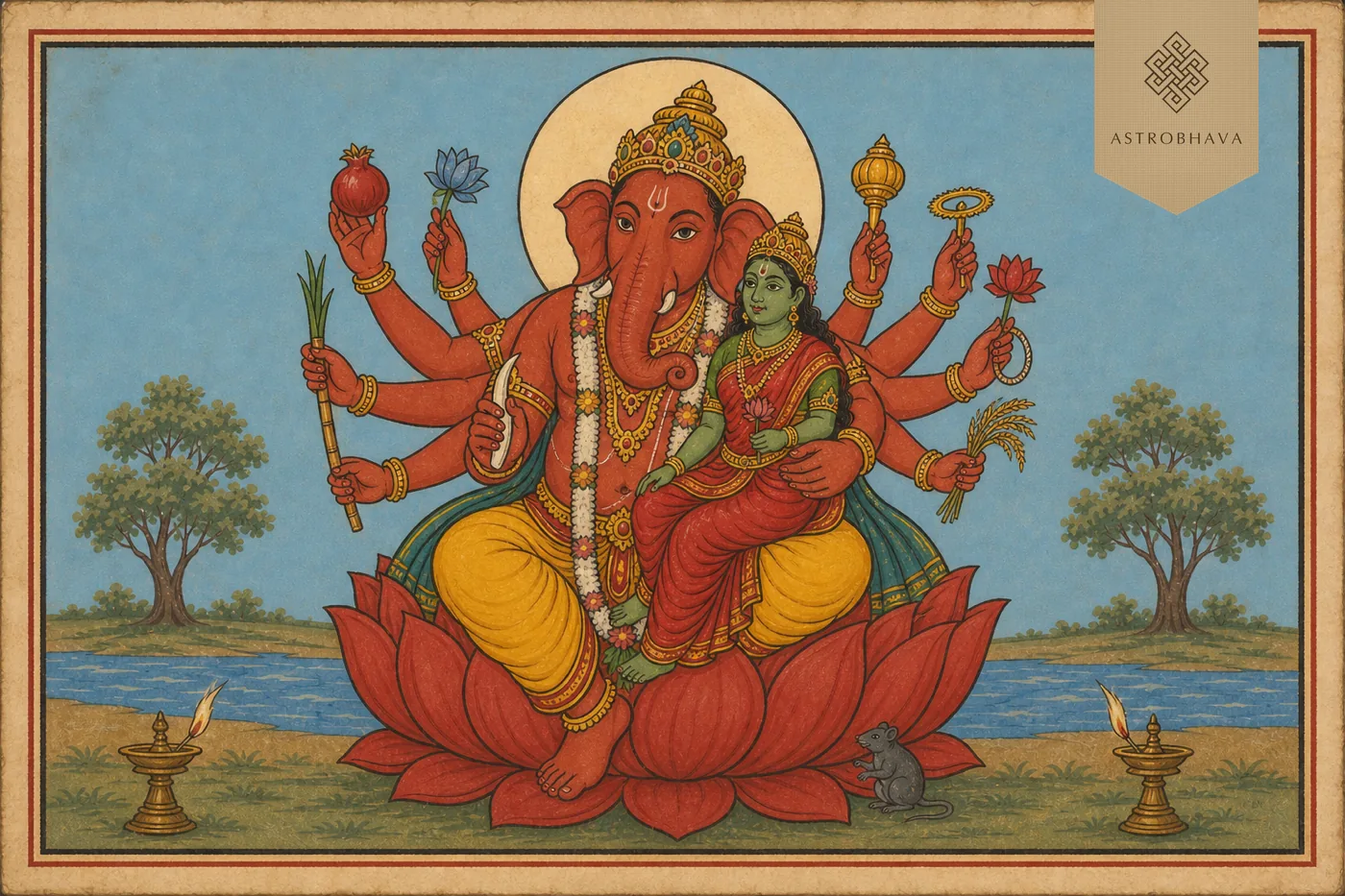 Vintage Indian devotional illustration of ten-armed red Uddanda Ganapathi seated with green Shakti and nine traditional attributes
