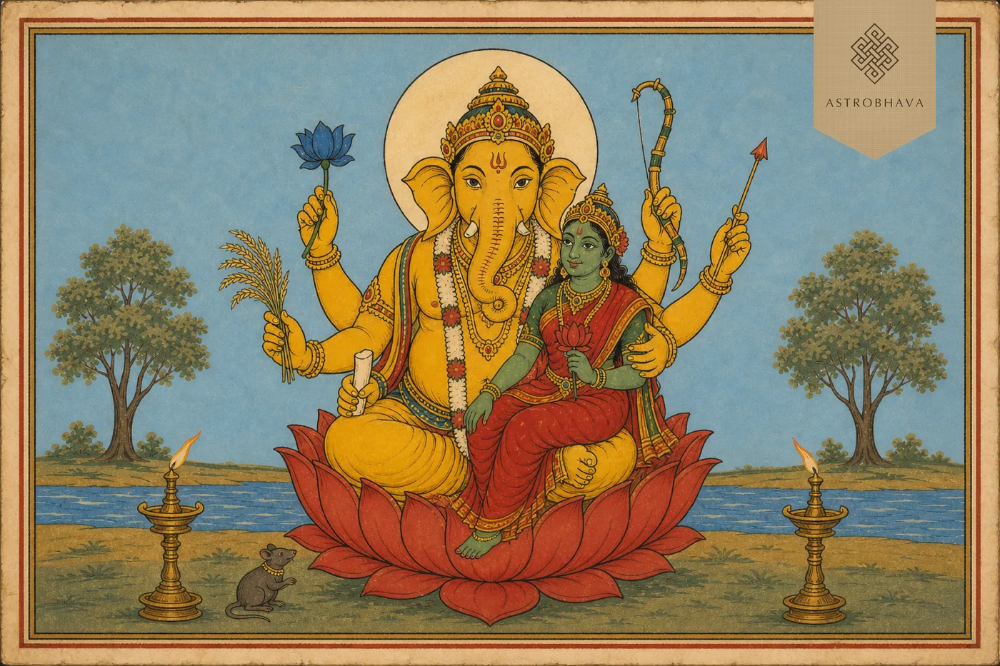 Vintage Indian devotional illustration of six-armed golden Urdhva Ganapathi seated with green Shakti, lotus, paddy, bow, arrow and tusk