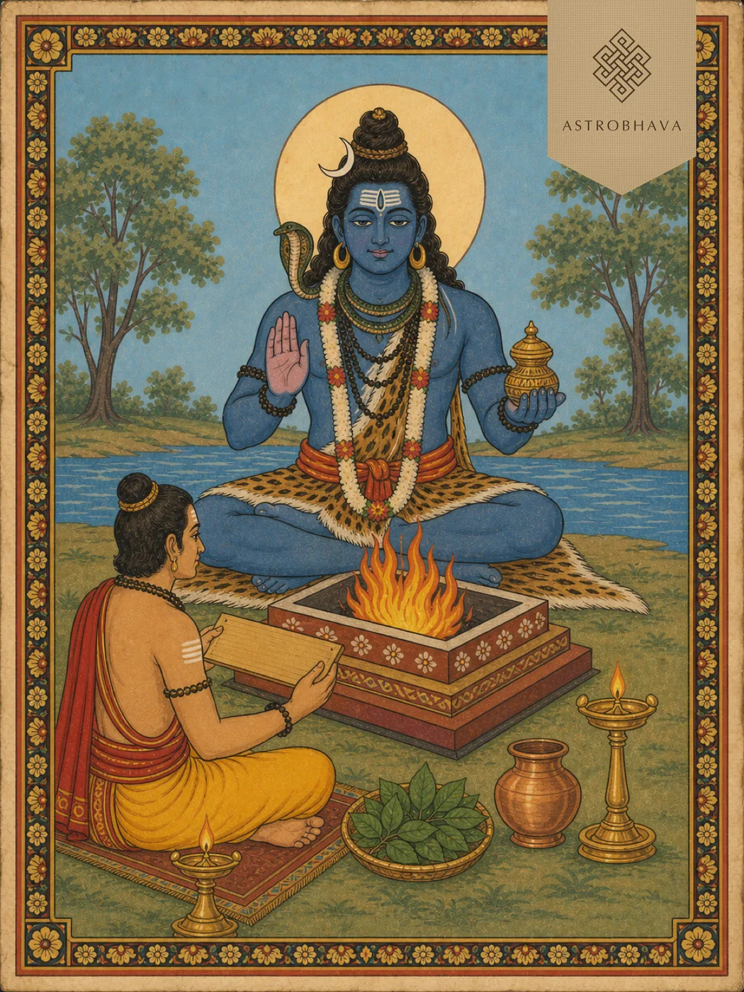 Vintage devotional illustration of Lord Vaidyanatha Shiva with a nectar vessel and recitation manuscript for Vaidyanatha Ashtakam Homa