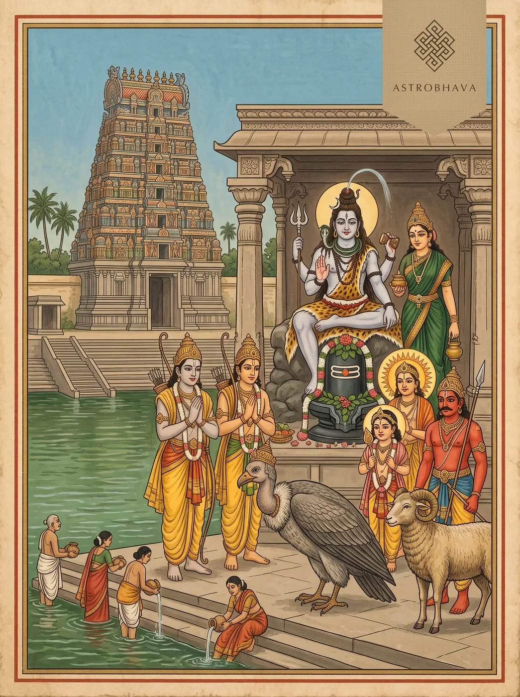 Vaidyanatha Ashtakam: Rama, Lakshmana, Jatayu, Murugan and Mars worshipping Shiva the healer at Vaitheeswaran Koil
