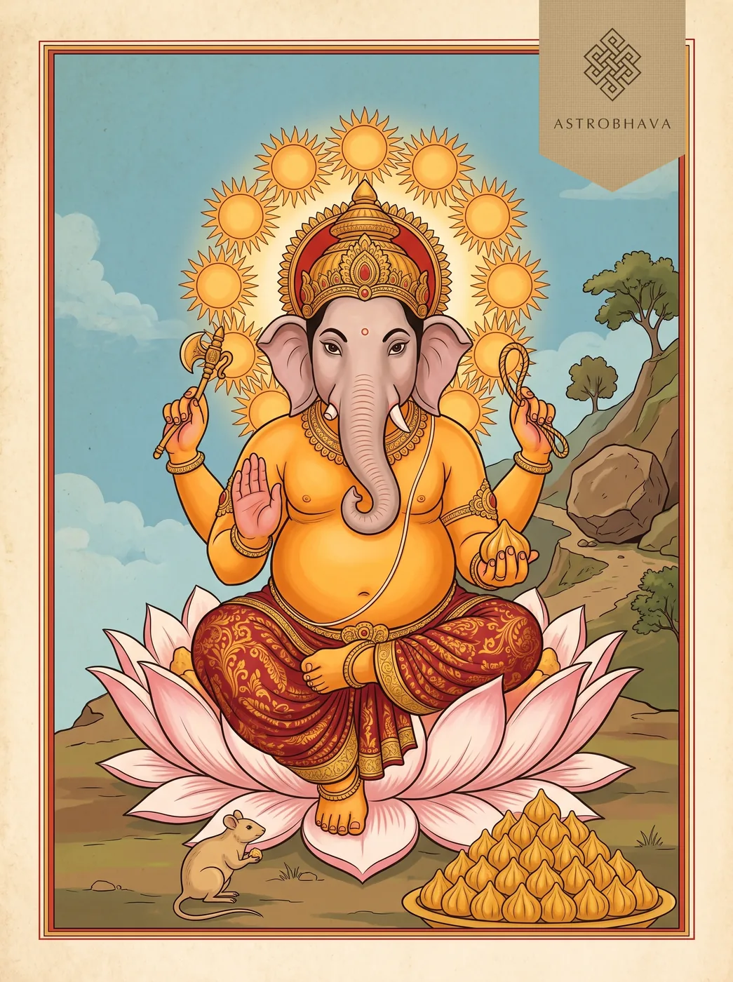 Vakratunda Mahakaya Mantra: golden Lord Ganesha on a lotus before a halo of many suns, his mouse by a heap of modaks