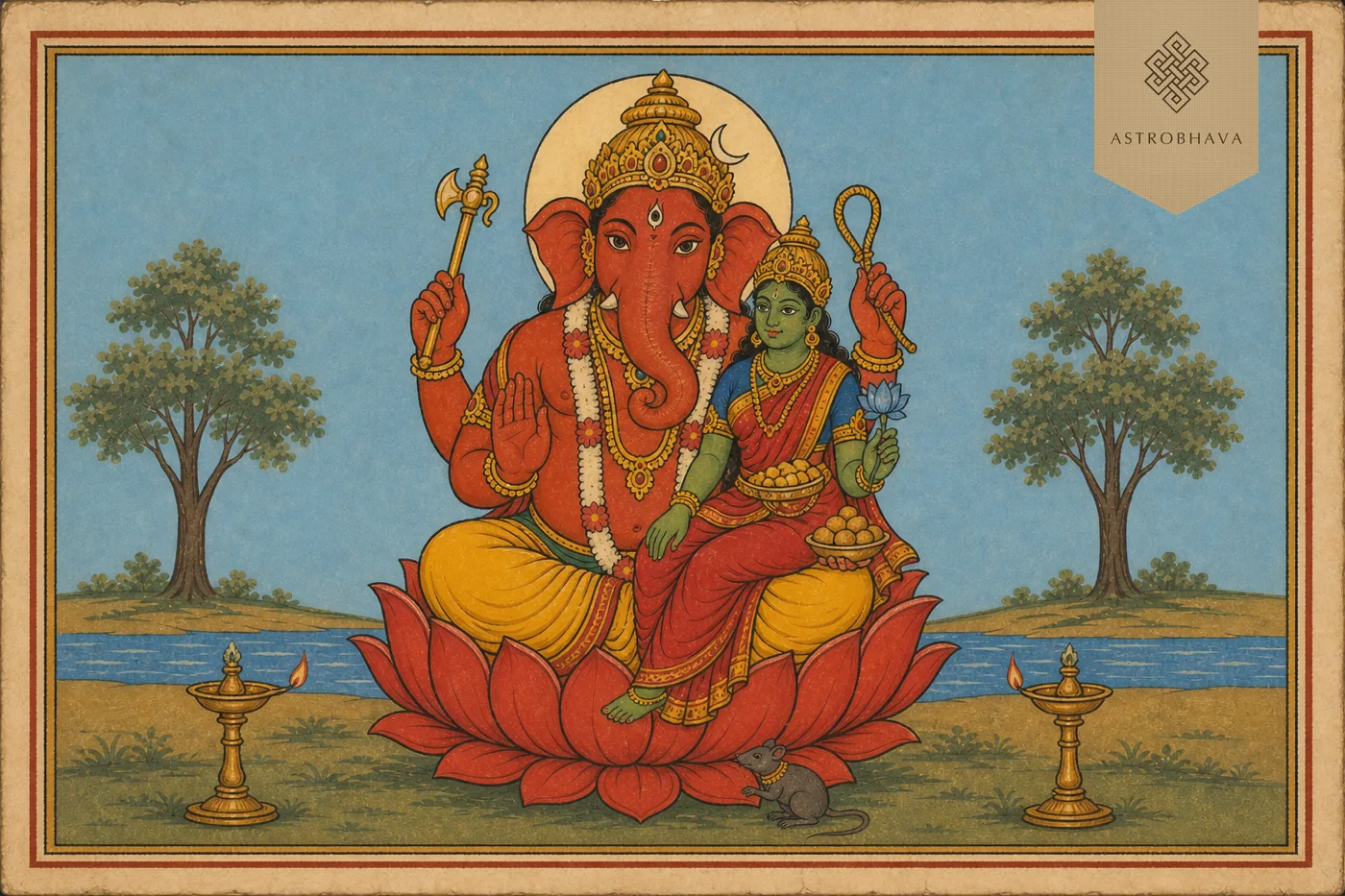 Vintage Indian devotional illustration of three-eyed red Vara Ganapathi with crescent moon, green Shakti and boon-giving hand