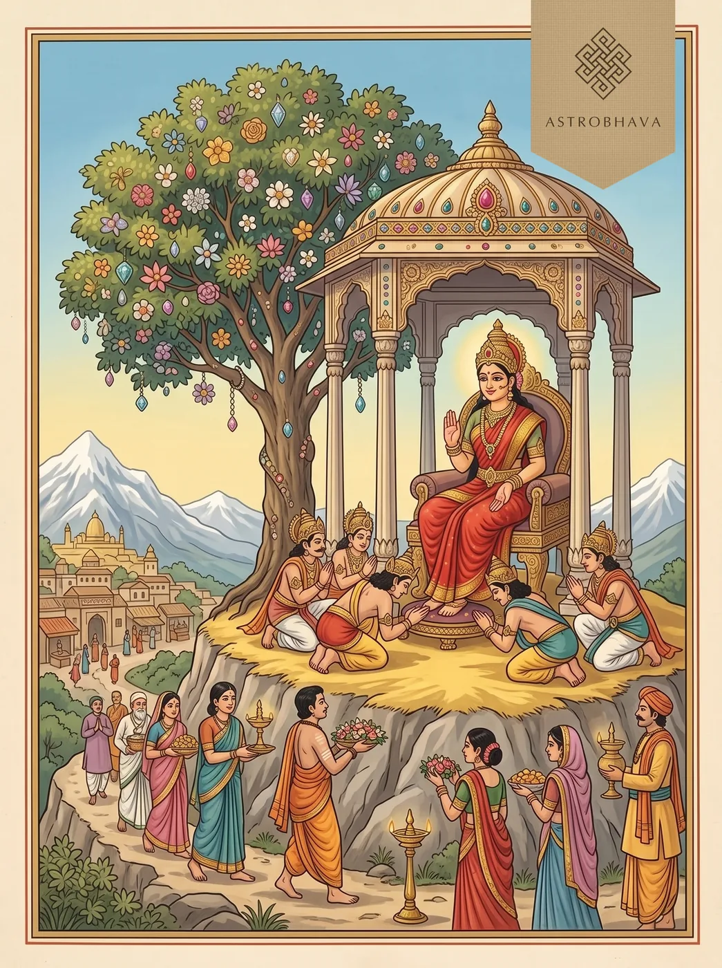 Vasavi Kanyaka Parameswari Stotram: the maiden goddess Vasavi enthroned on a golden hilltop as the gods bow at her feet