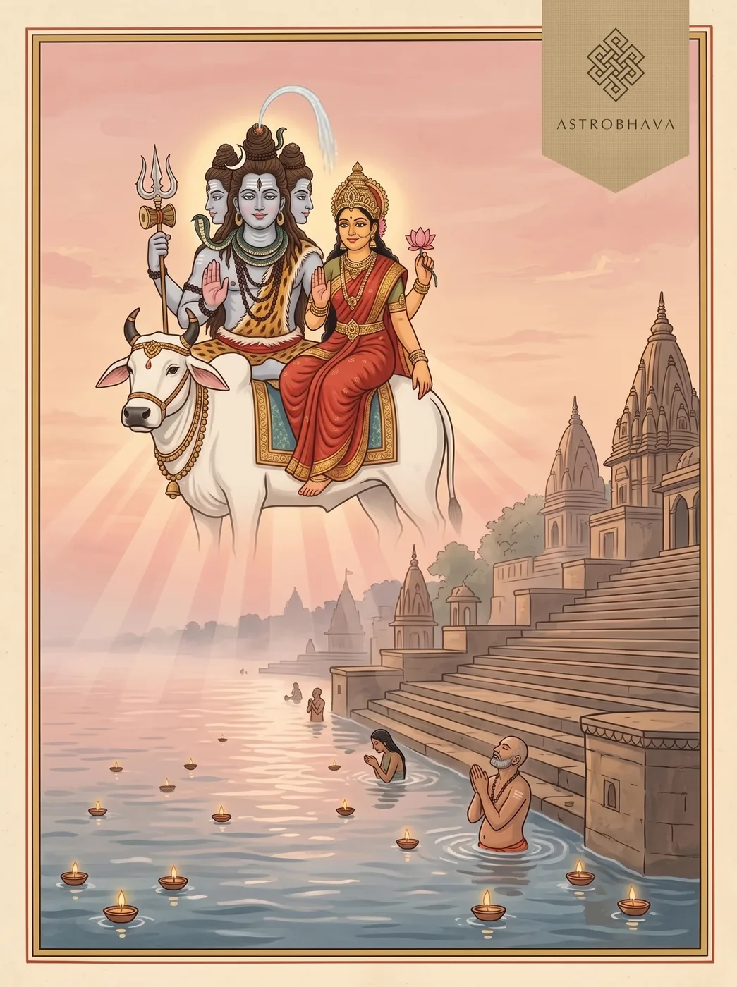 Vedasara Shiva Stotram: five-faced, blue-throated Shiva with Bhavani on the bull Nandi above the river at Kashi at dawn