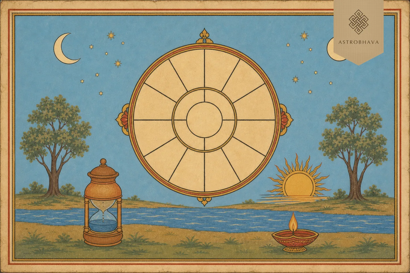 Vintage Indian astrology illustration of a Vedic chart wheel with panchang, nakshatra, Moon, Sun, water clock and lamp motifs