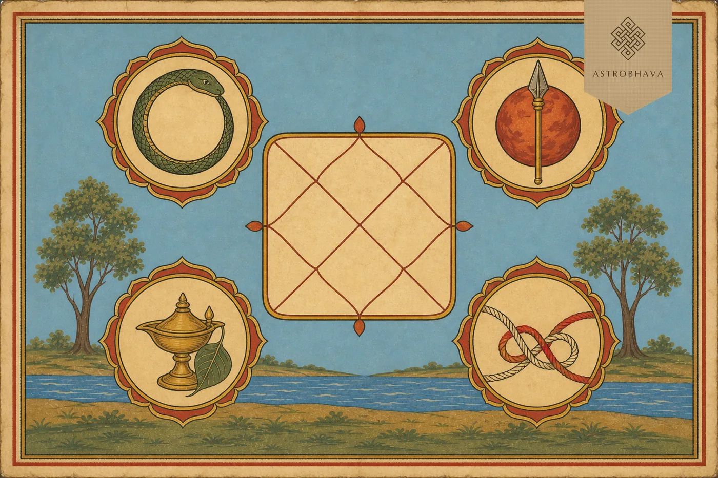 Vintage Indian astrology illustration of a calm dosha check with Kaal Sarp, Mangal, Pitra and Nadi symbols around a birth chart