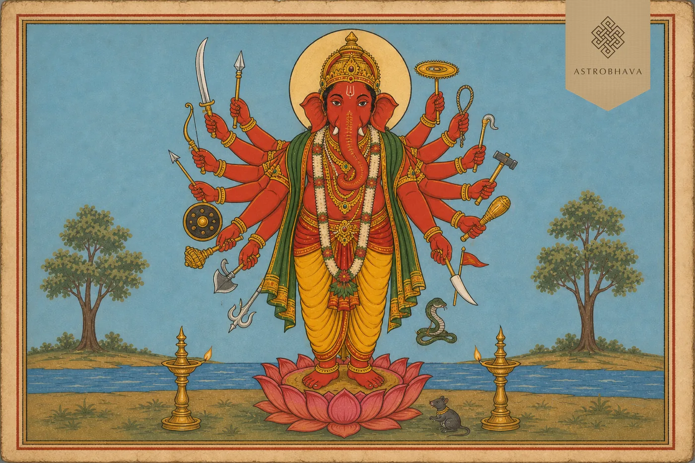 Vintage Indian devotional illustration of heroic sixteen-armed red Veera Ganapathi holding traditional weapons in a calm standing pose