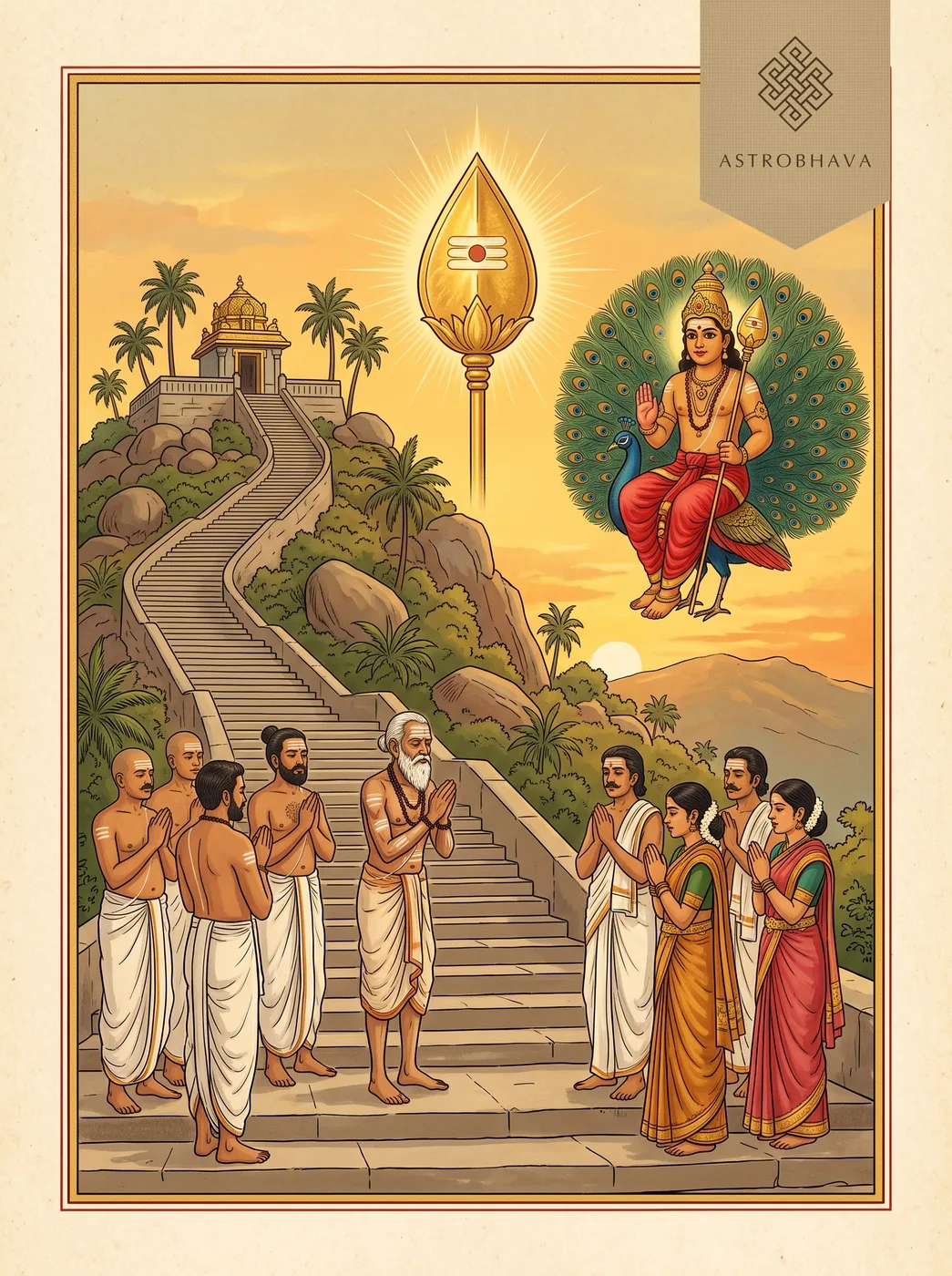Vel Maaral: Murugan's Vel blazing above the Tiruttani hill as Vallimalai Swamigal and devotees stand in prayer