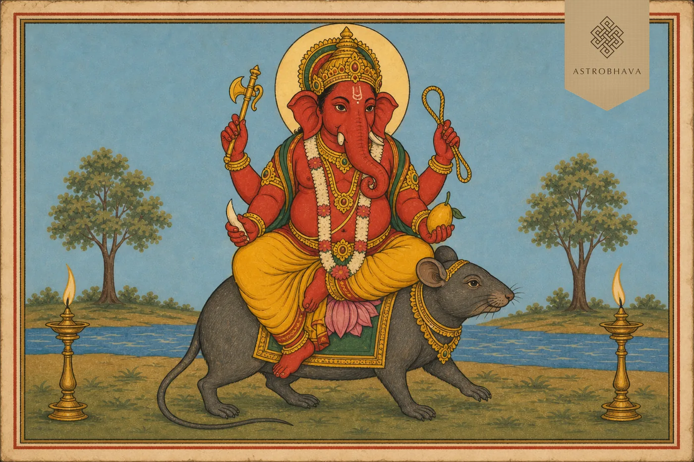 Vintage Indian devotional illustration of four-armed red Vijaya Ganapathi riding a large mouse with noose, goad, mango and tusk