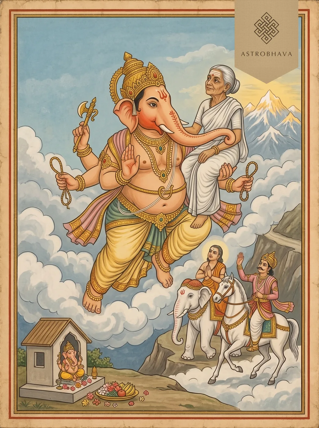 Vinayagar Agaval: Vinayaka lifting the poet Avvaiyar in his trunk to Kailasa