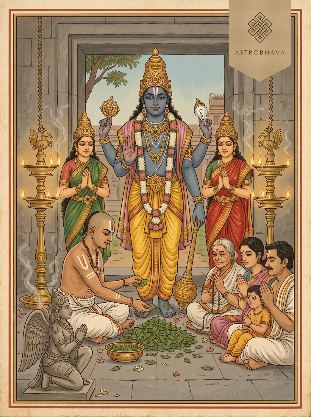 108 Names of Vishnu: a priest offering tulsi leaves at four-armed Vishnu's feet for each name as a family prays, for the Vishnu Ashtottara Shatanamavali