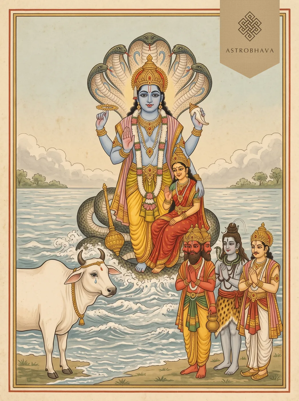 Vishnu Chalisa: Mother Earth as a cow pleading at the ocean of milk as four-armed Vishnu rises on Adishesha