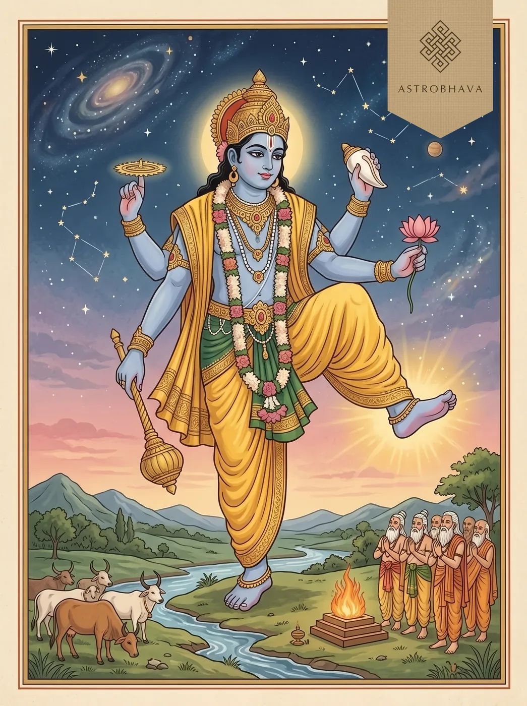 Vishnu Suktam: blue four-armed Vishnu striding across the universe, one foot on the earth and the other in the highest heaven, as seers look up