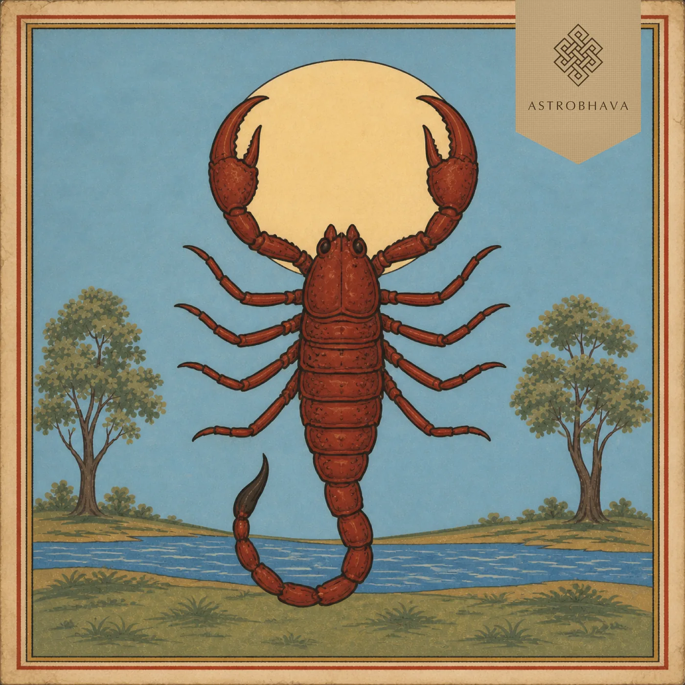 Vintage Indian devotional-calendar illustration of the Vrischika Scorpio scorpion beside a river in a coordinated Vedic zodiac series