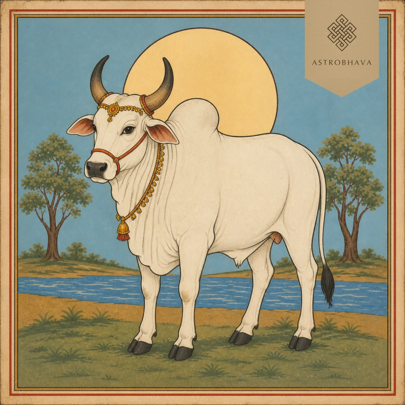 Vintage Indian devotional-calendar illustration of the Vrishabha Taurus zebu bull standing beside a river in a coordinated Vedic zodiac series