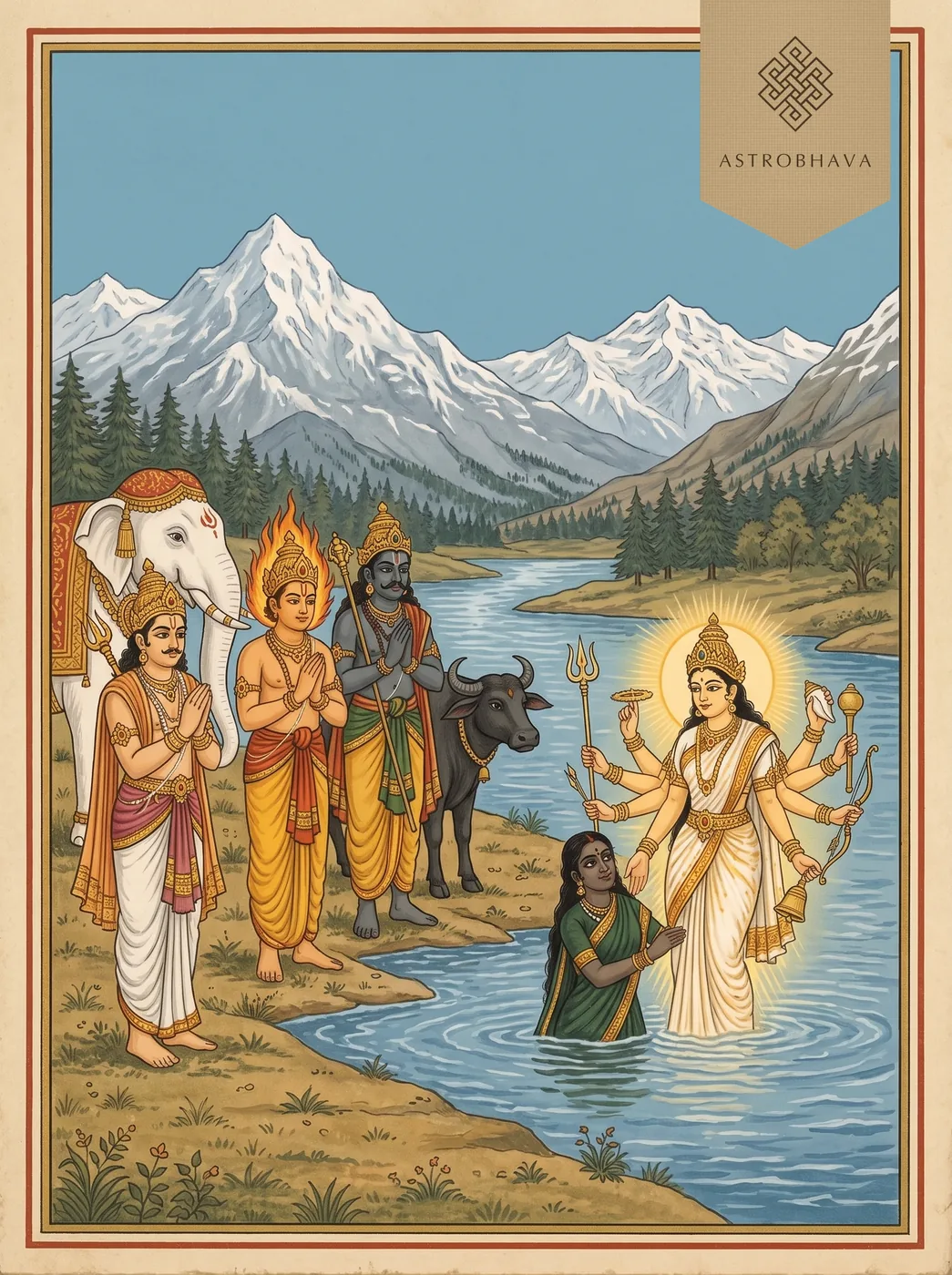 Ya Devi Sarvabhuteshu: gods praising the Goddess on the Himalaya as eight-armed Kaushiki rises from Parvati