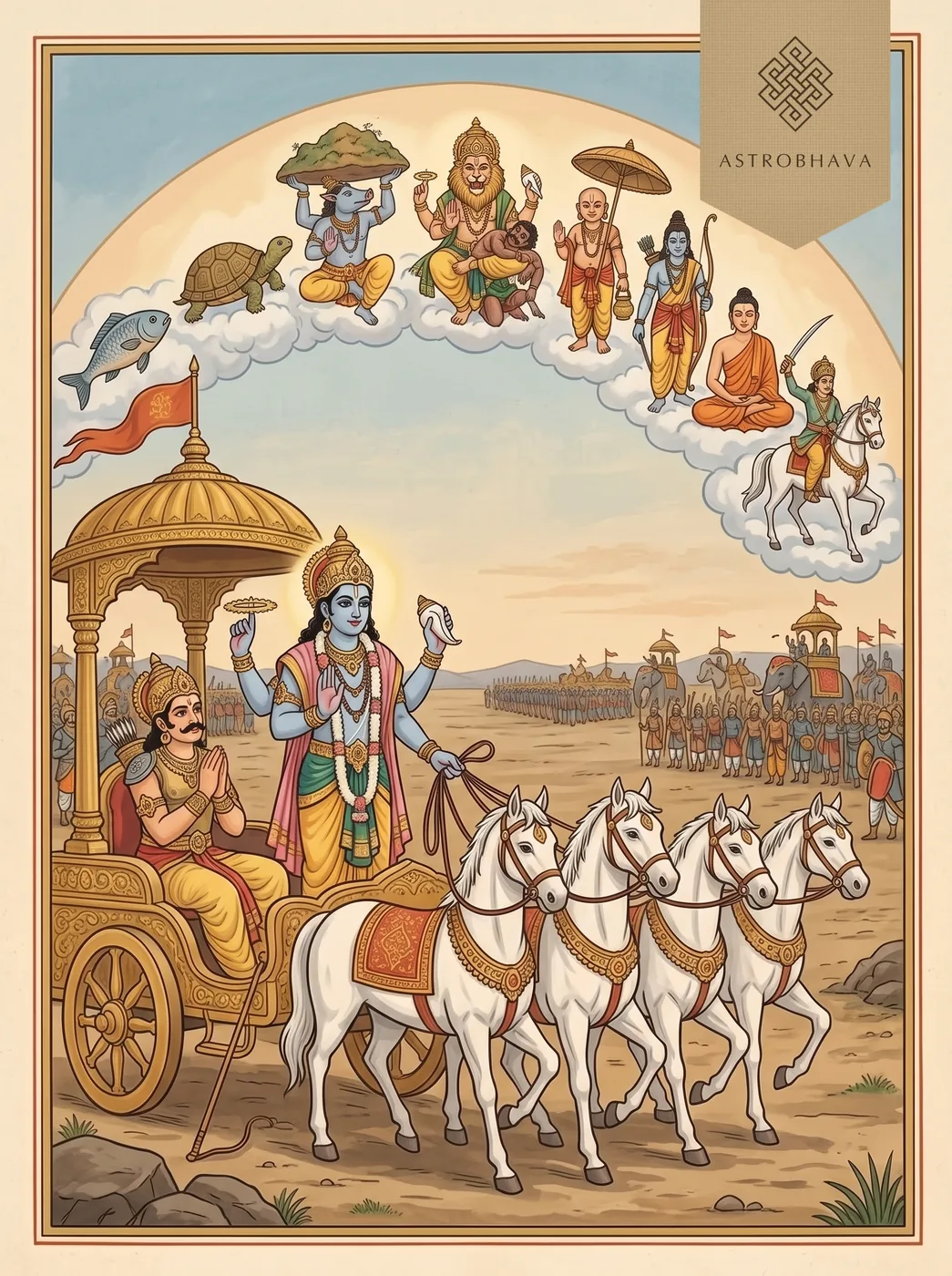Yada Yada Hi Dharmasya: Krishna speaking to Arjuna in the chariot at Kurukshetra as his avatars appear in the clouds behind