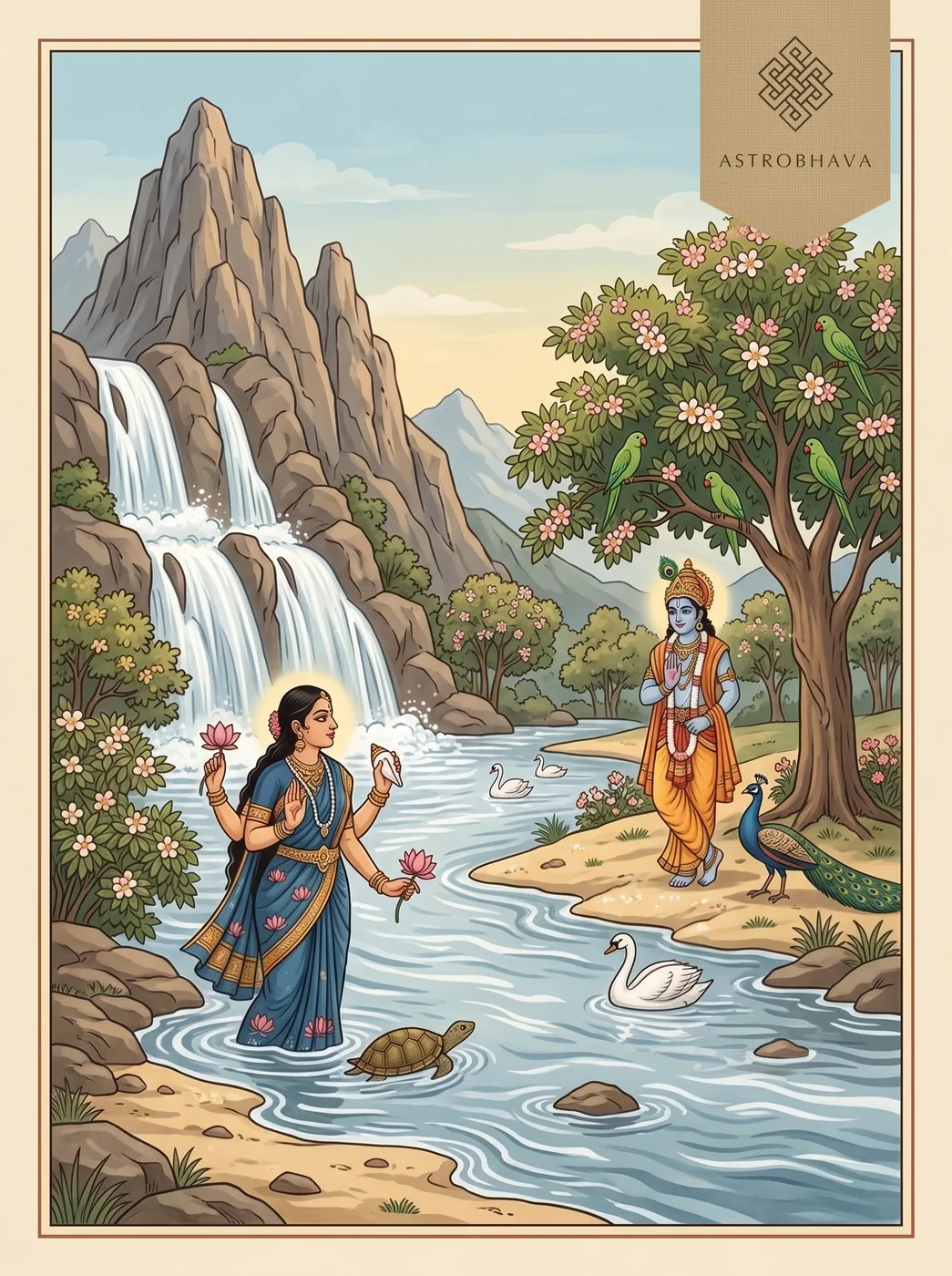 Yamunashtakam: the dark river goddess Yamuna descending from Mount Kalinda through the groves of Vraja as Krishna watches