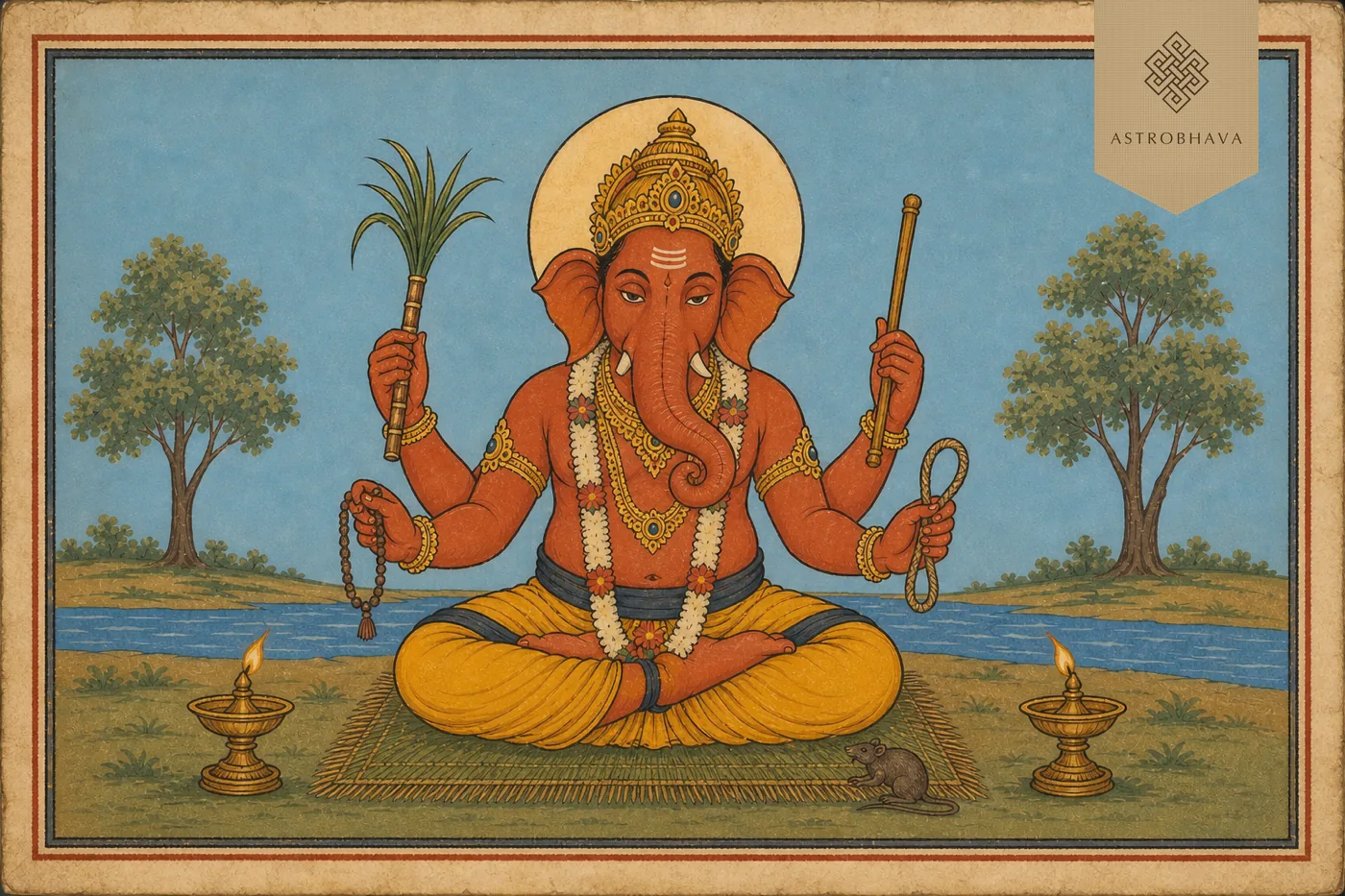 Vintage Indian devotional illustration of red four-armed Yoga Ganapathi meditating with yoga band, sugarcane, staff, noose and rosary