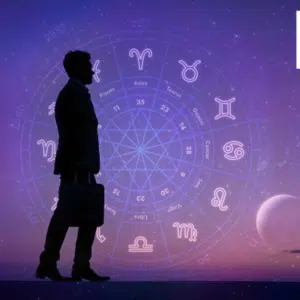Astrology chart and career symbols illustrating how planetary influences guide professional growth and career decisions.