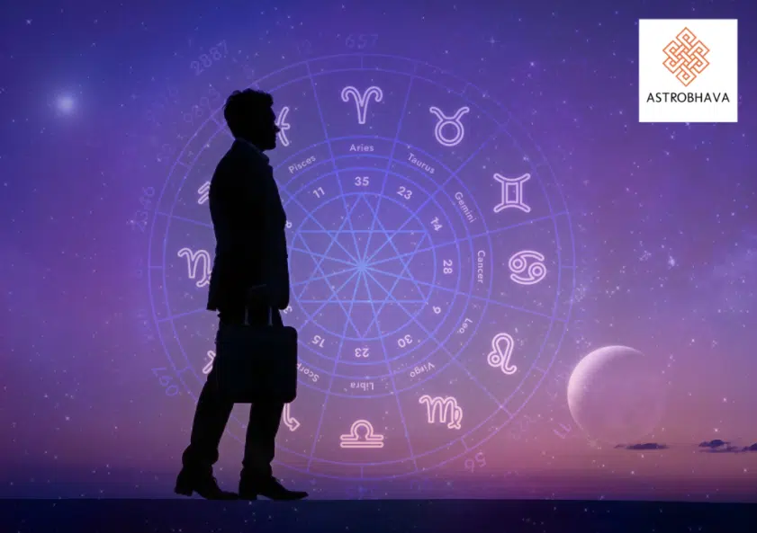 Astrology chart and career symbols illustrating how planetary influences guide professional growth and career decisions.