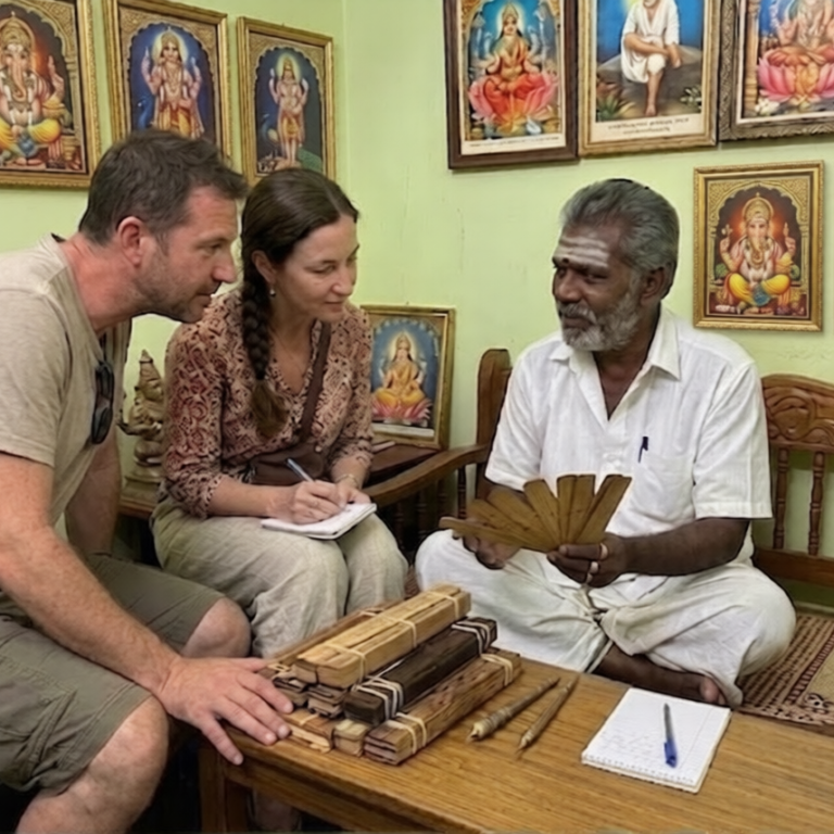 Australian couple James and Elena receiving accurate Nadi palm leaf reading from an experienced astrologer in Tamil Nadu, India. Discover how ancient Nadi leaves reveal precise past, present and future insights.