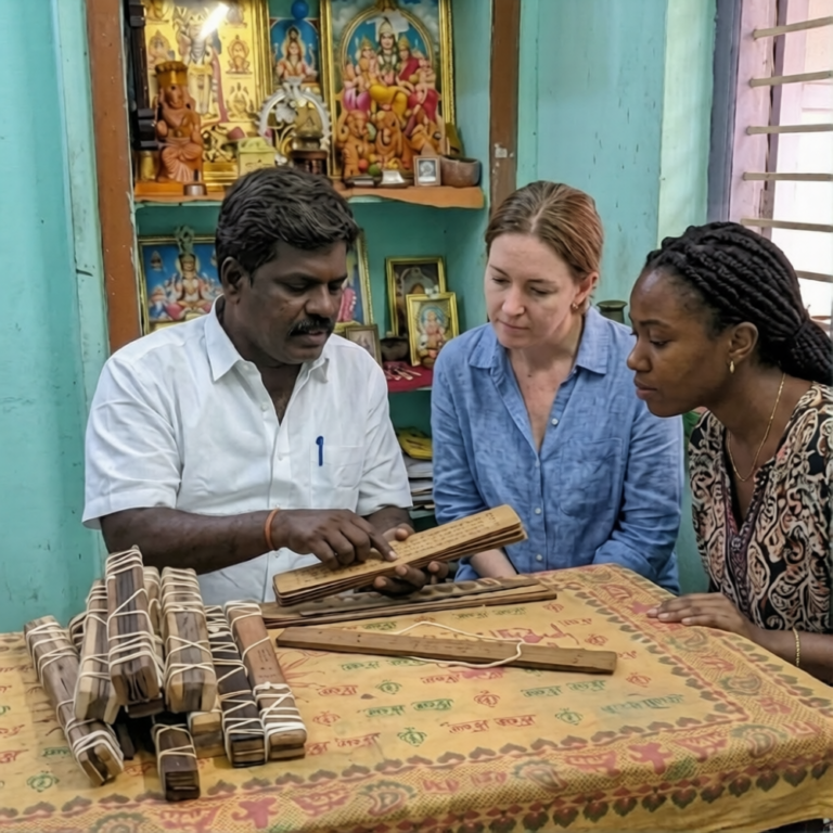 American and South African women attentively listening as Nadi reader Guruji Muthulingam explains an ancient palm leaf manuscript during a Nadi astrology session in Tamil Nadu, India.